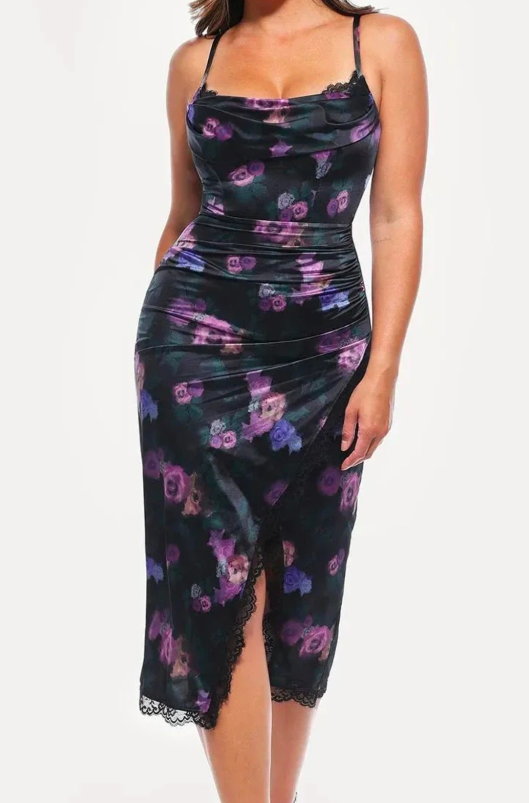 Popilush Floral Built-In Shapewear Midi Dress Purple Blue Rose Lace Trim S