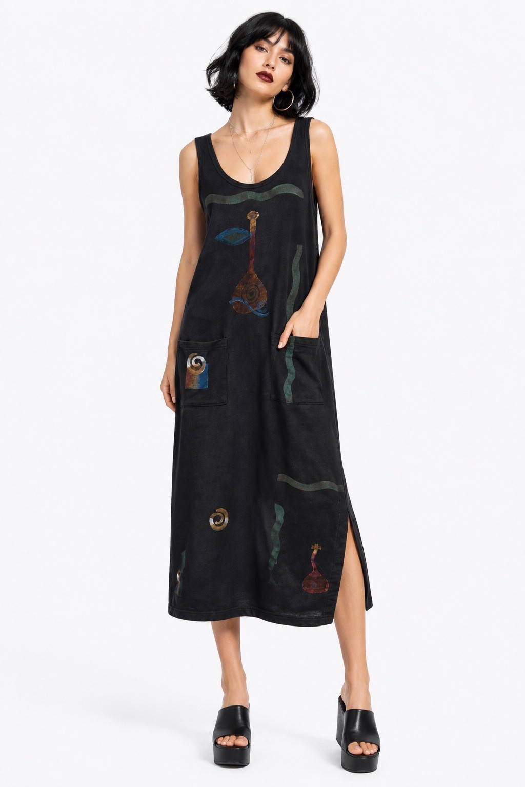 Vintage Cotton Maxi Sundress Black 90’s Dress Hand Painted Wearable Art Sz S