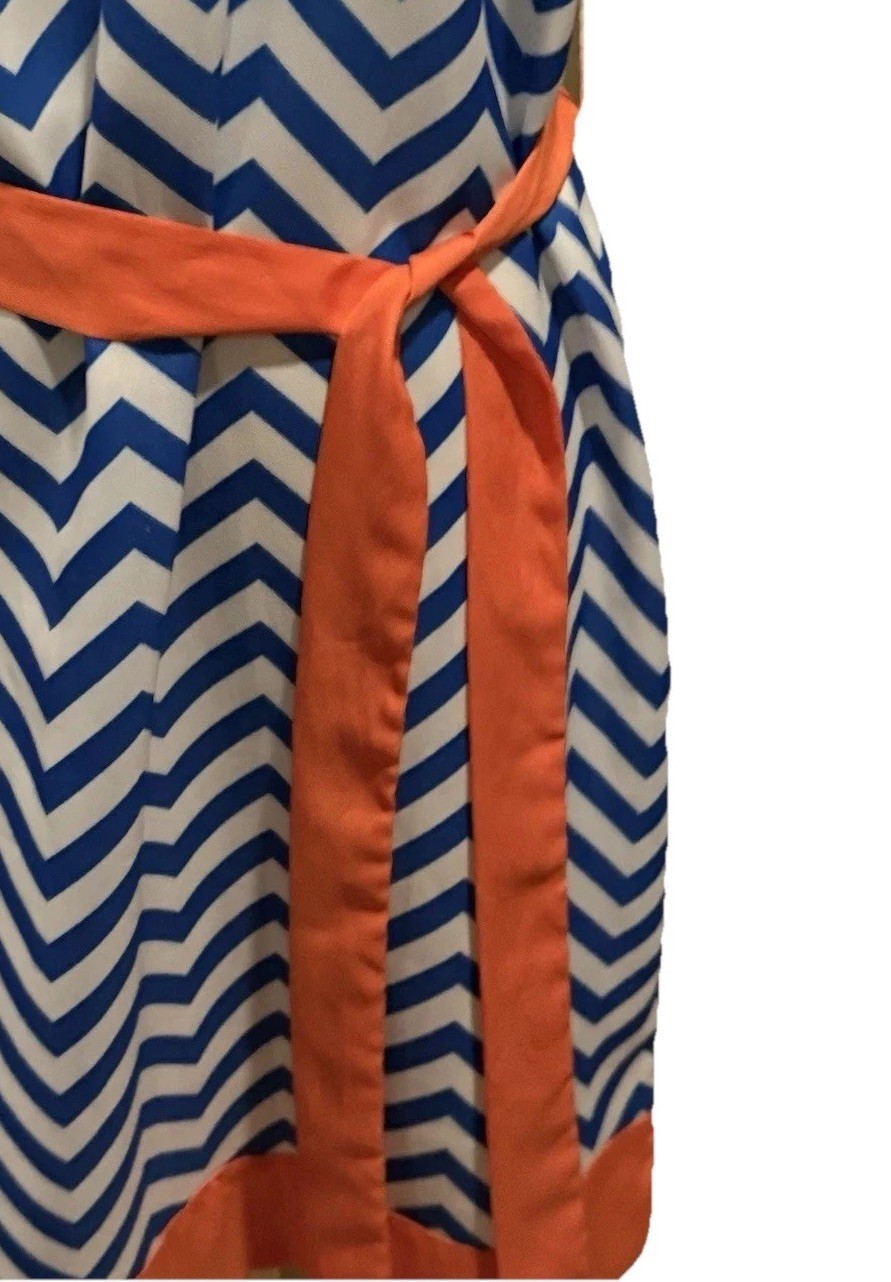 Women’s Mud Pie Blue Chevron/Orange Trim Print V-neck Belted Cool Shift Dress M