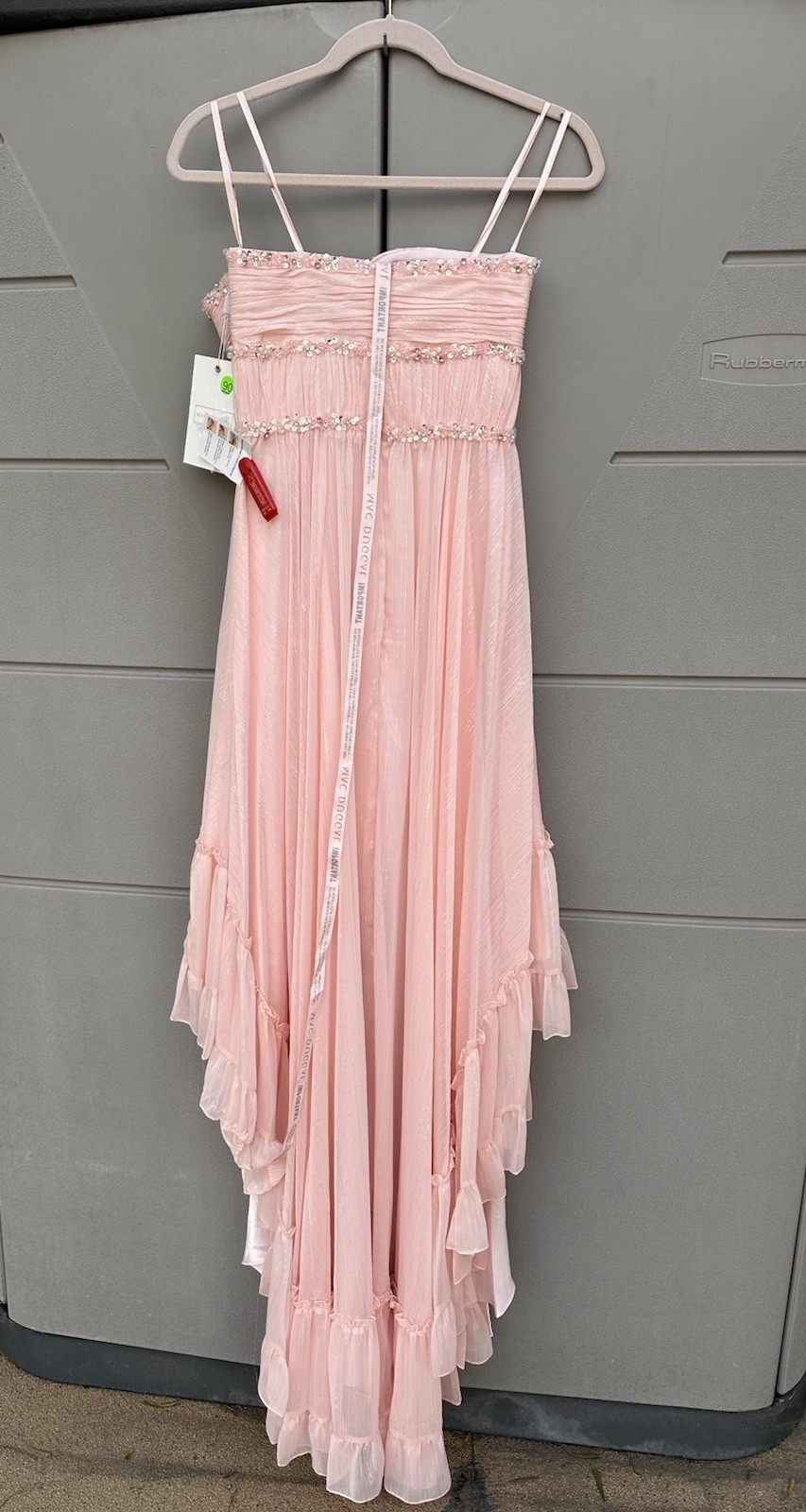 Mac Duggal Strapless Beaded Ruffle High Low Prom Gown in Ice Pink Sz 6 Princess