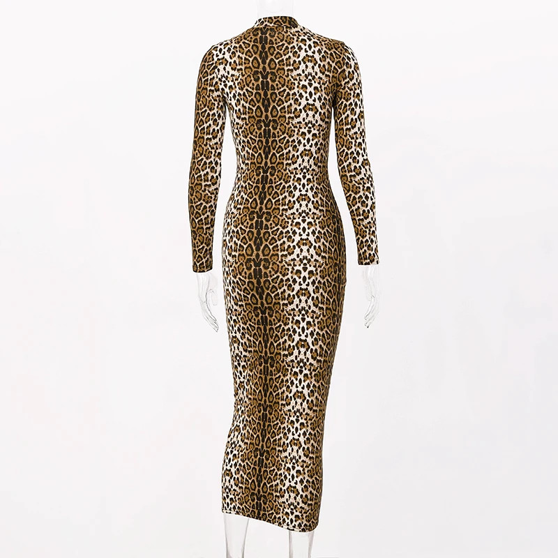 leopard print long sleeve slim bodycon sexy dress autumn winter women streetwear