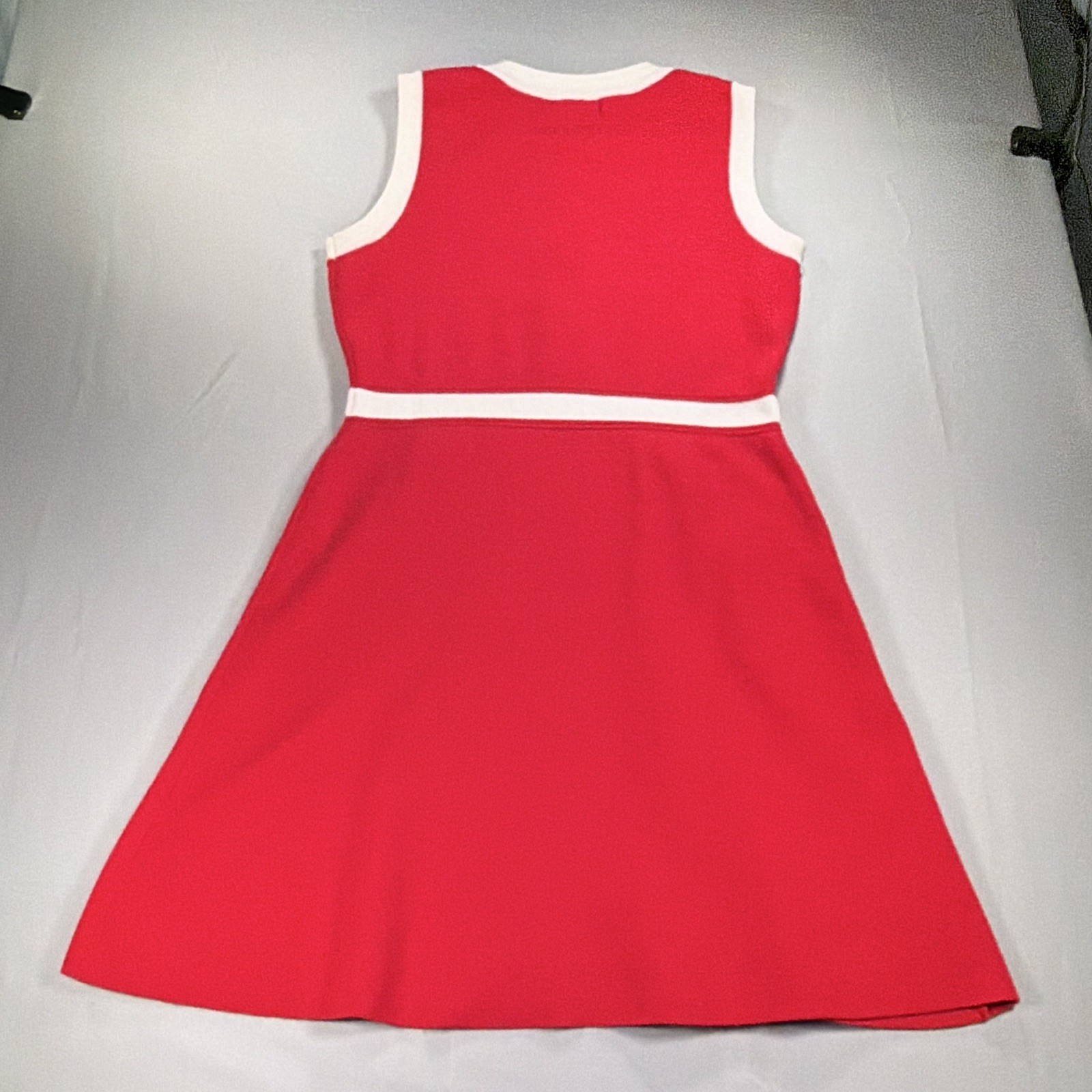 MEROKEETY Red/White Sleeveless Knit A-Line, gold buttons, 60’s mod inspired.