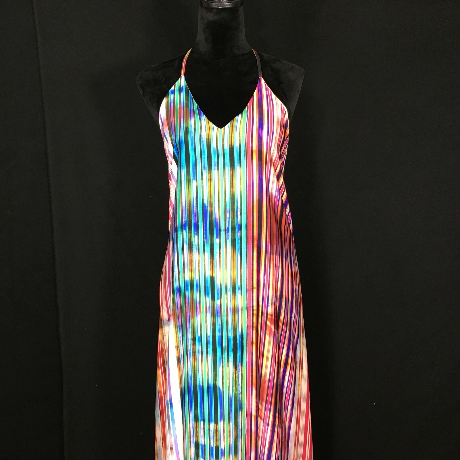 ASKARI Maxi Dress MED Rainbow Long A Line Swing Backless T Back Halter Sexy NICE