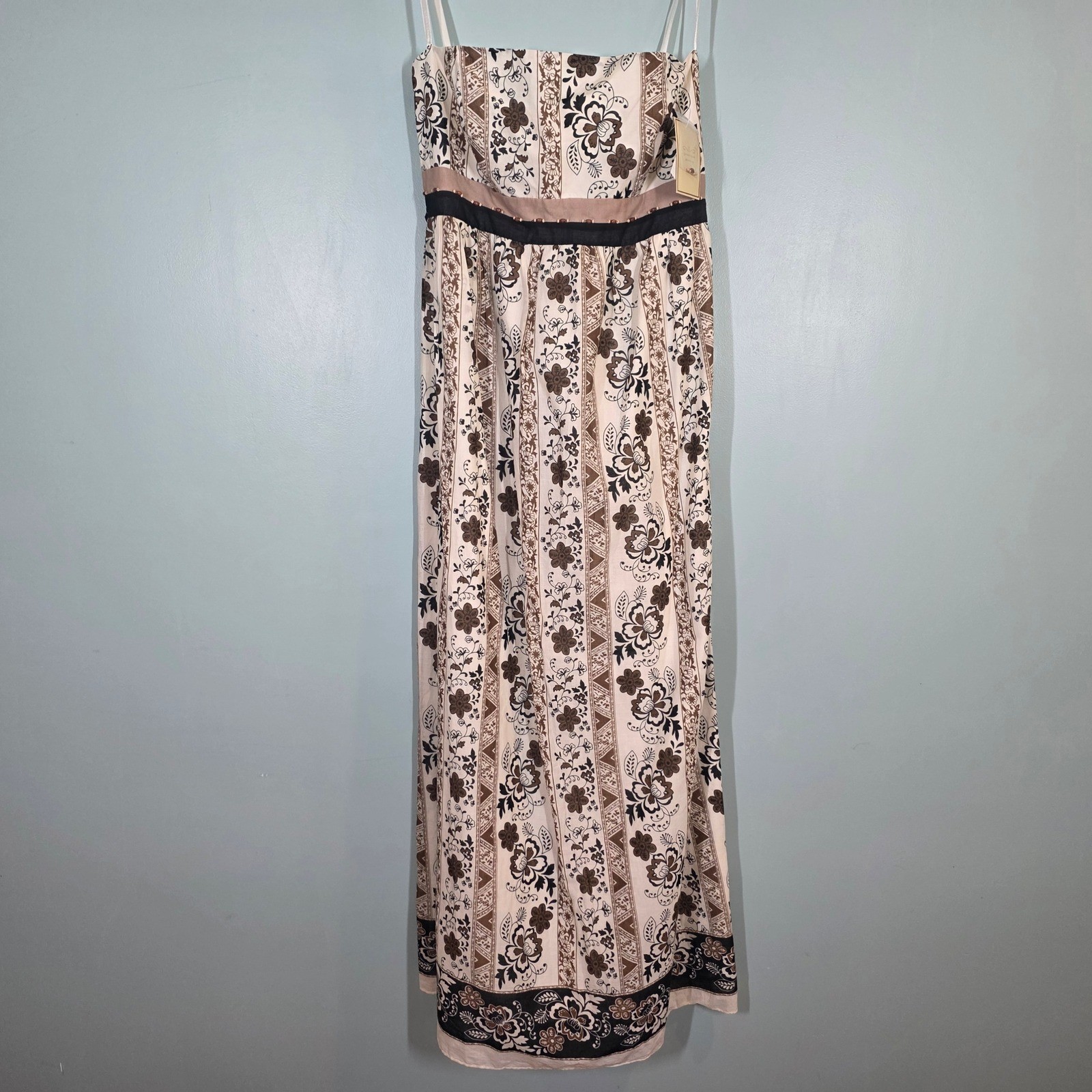 Jonathan Martin Womens Cotton Floral Maxi Dress Beaded Strapless Black Tan 12