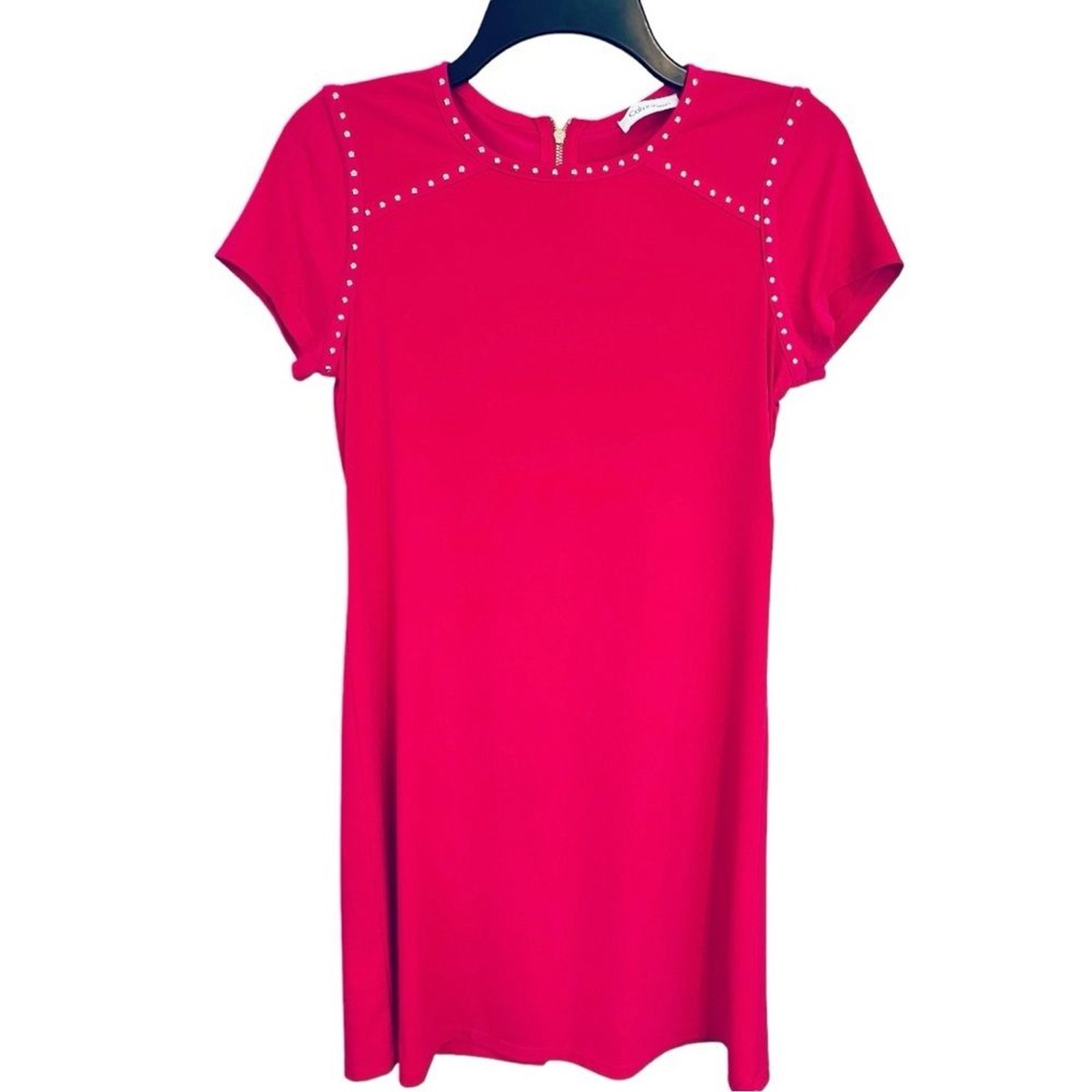 Calvin Klein Red Short-Sleeve Shift Dress with Stud Trim