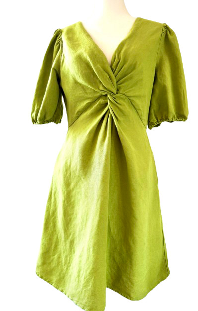 Lands’ End Linen Dress Womens Puff Sleeve 6T 35″L