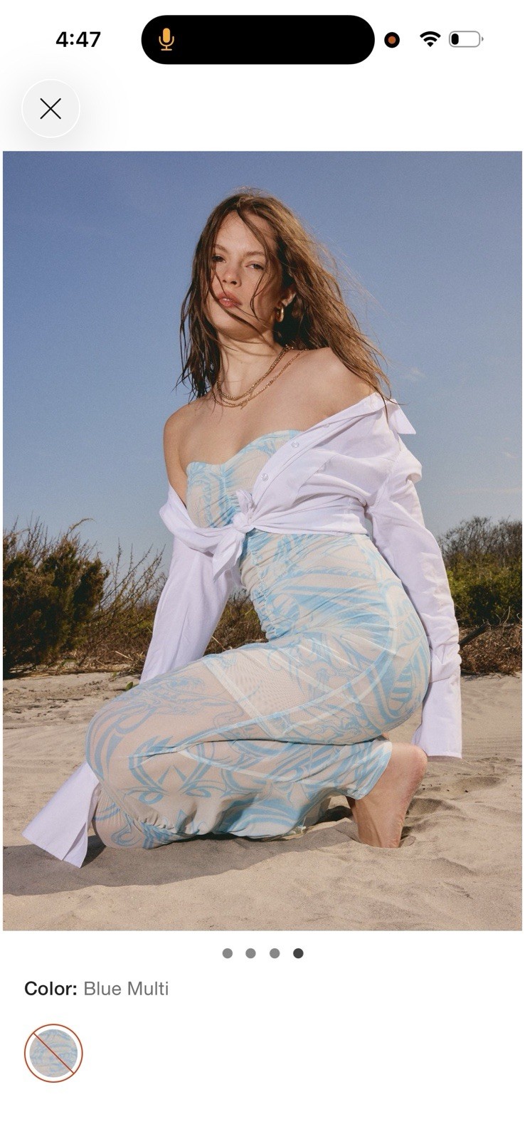 Miaou x Urban Outfitters Strapless Ruched Mesh Stretch Maxi Dress M Blue/White