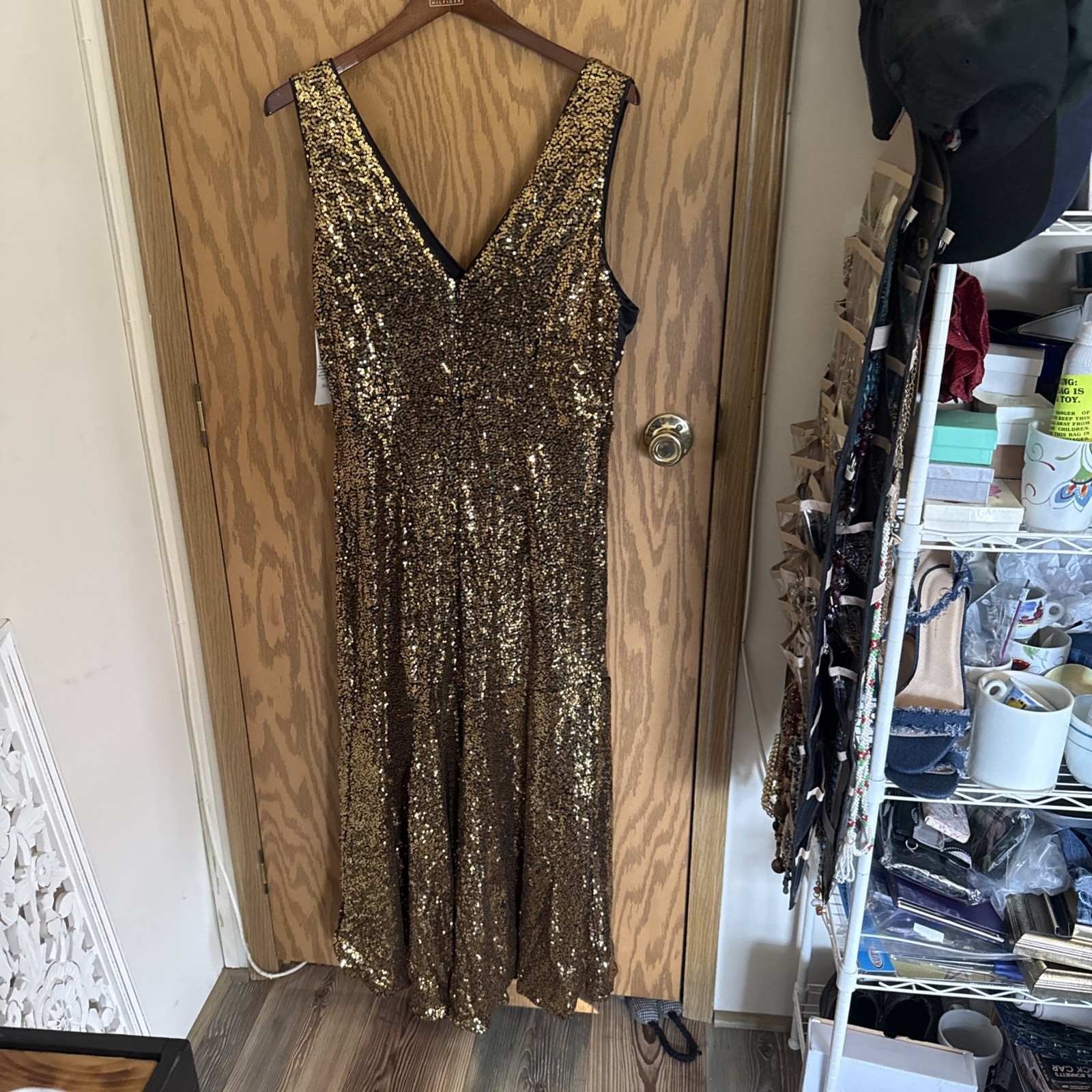 Grace Karin Dress Gold Sequin Sleeveless Ruffle Slit Super Pretty Large