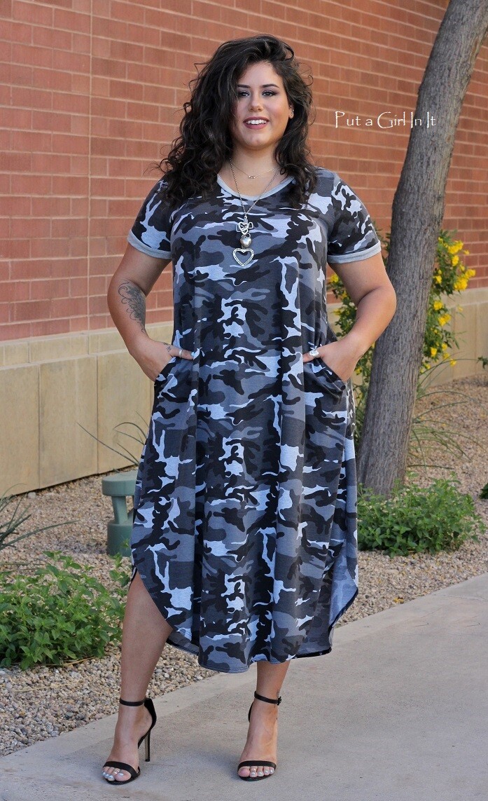 New Womens PLUS SIZE GRAY USA CAMO CAMOUFLAGE OVERSIZED DRESS POCKETS 1X 2X