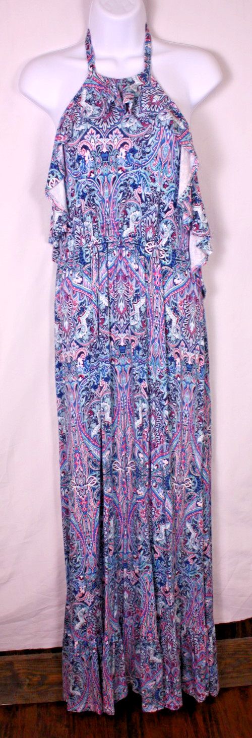 Soma Maxi Dress Paisley Halter Size Medium Stretch Ruffle Tie Stretch Boho Beach