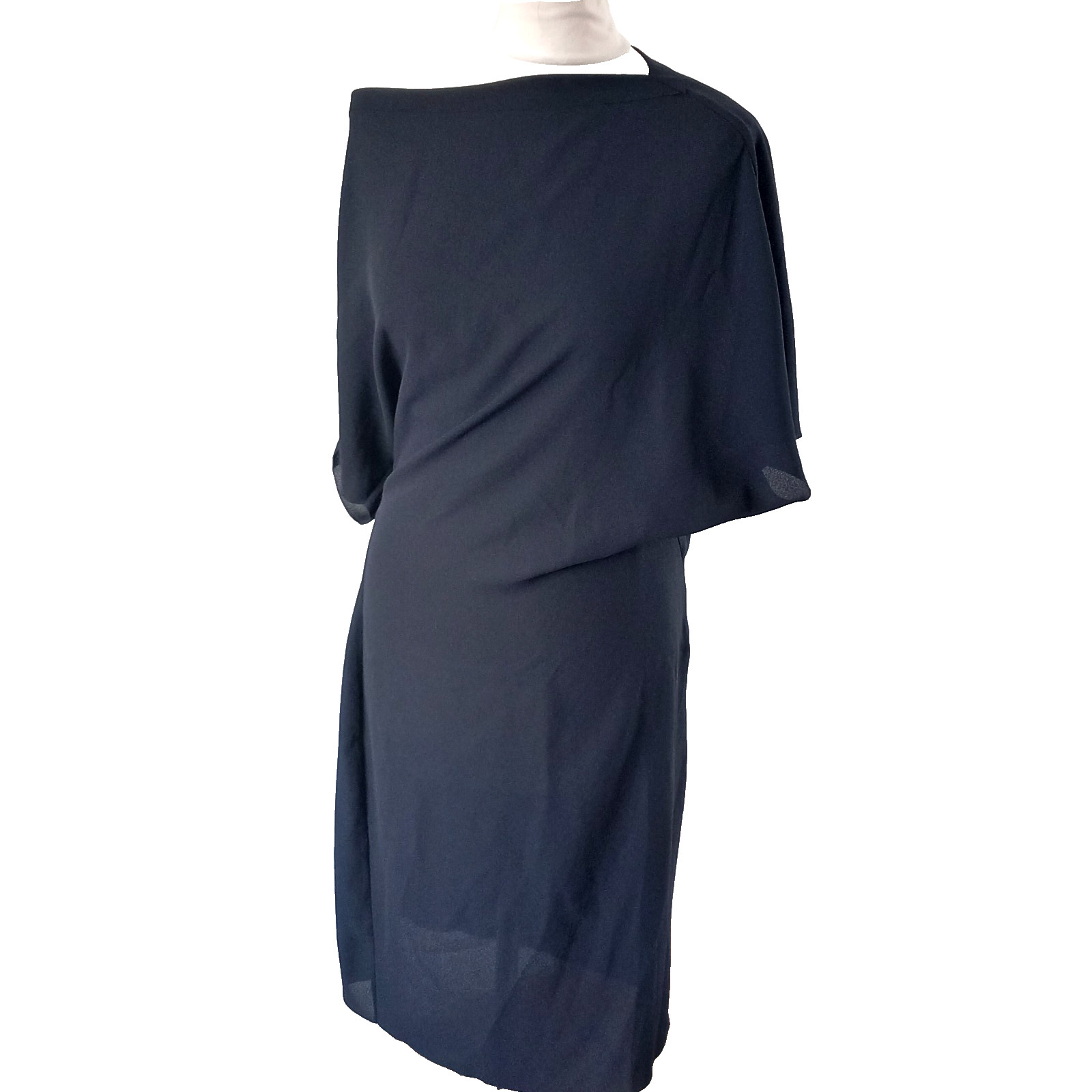 Reiss Lira Asymmetric Shoulder Dress, Navy Blue Crepe Size 12 UK