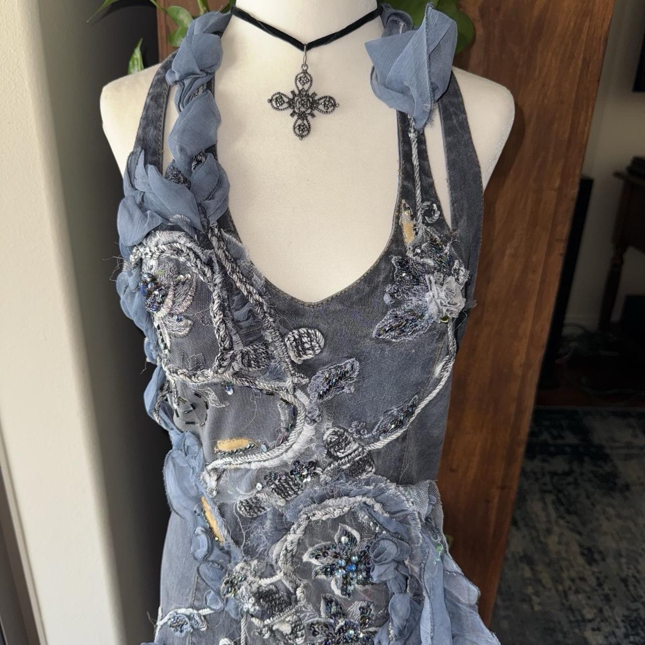 fairy 90s iridescent lace trimmed beaded floral embroidered denim halter dress