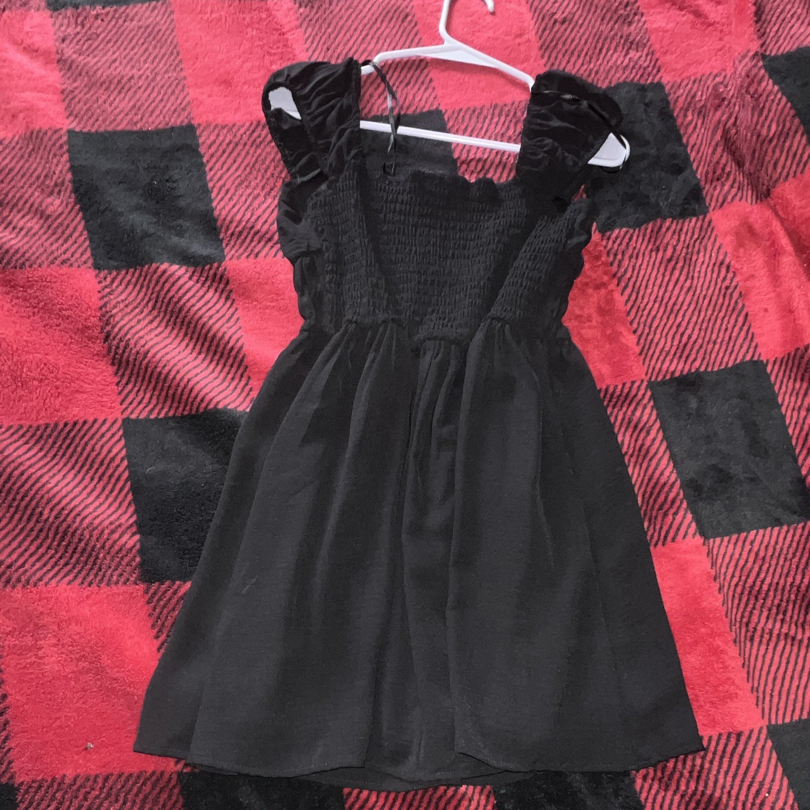 moth cloth Black Smocked Square Neck Ruffle Sleeve Mini Dress Chiffon Size M