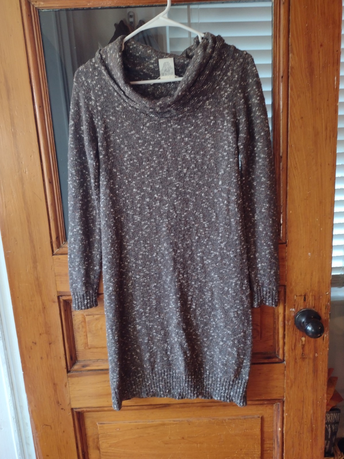 Max Studio Cowl Neck Knit Sweater Dress Knee Length Long Sleeve Brown Heather XS