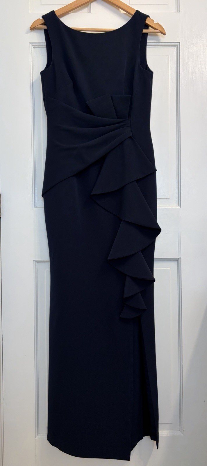 Eliza J Ruffle Front Gown Navy Blue Sleeveless Evening Dress Size 4 – Hemmed