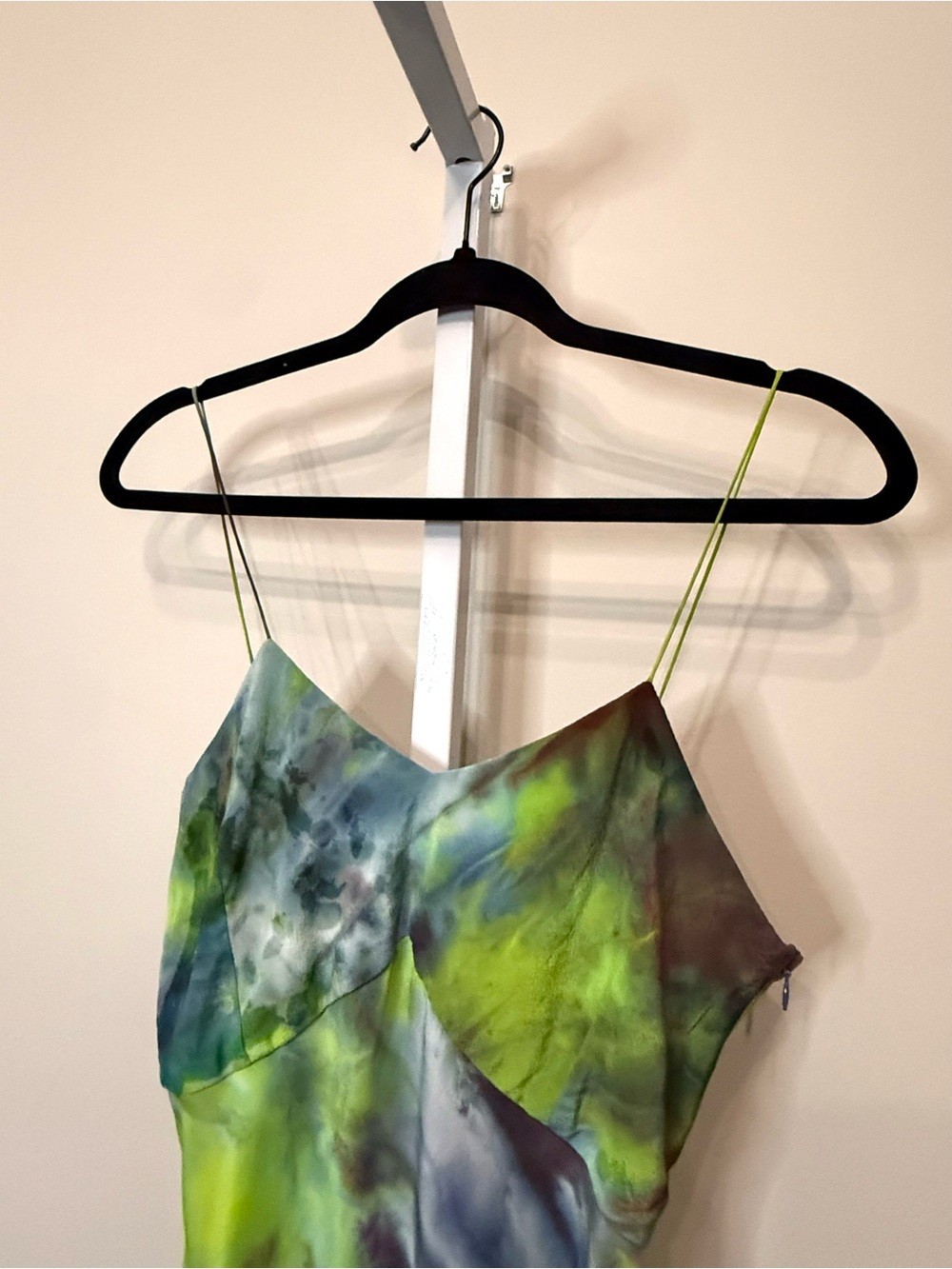 Upstate 100% Silk Midi Slip Dress Green Blue Abstract Tie Dye Size M