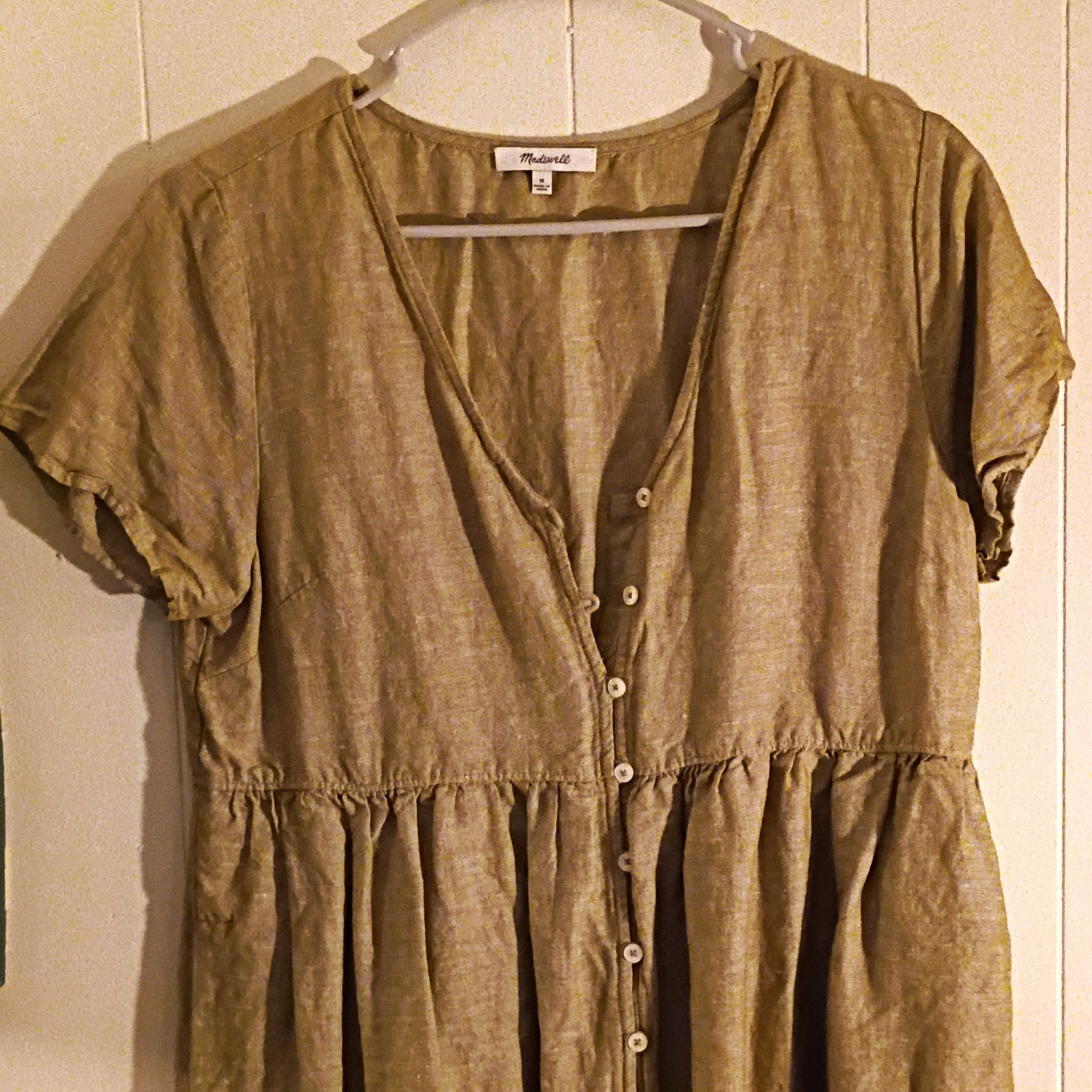 Madewell Beige Linen Blend Button Front V-Neck Short Sleeve Maxi Dress, M