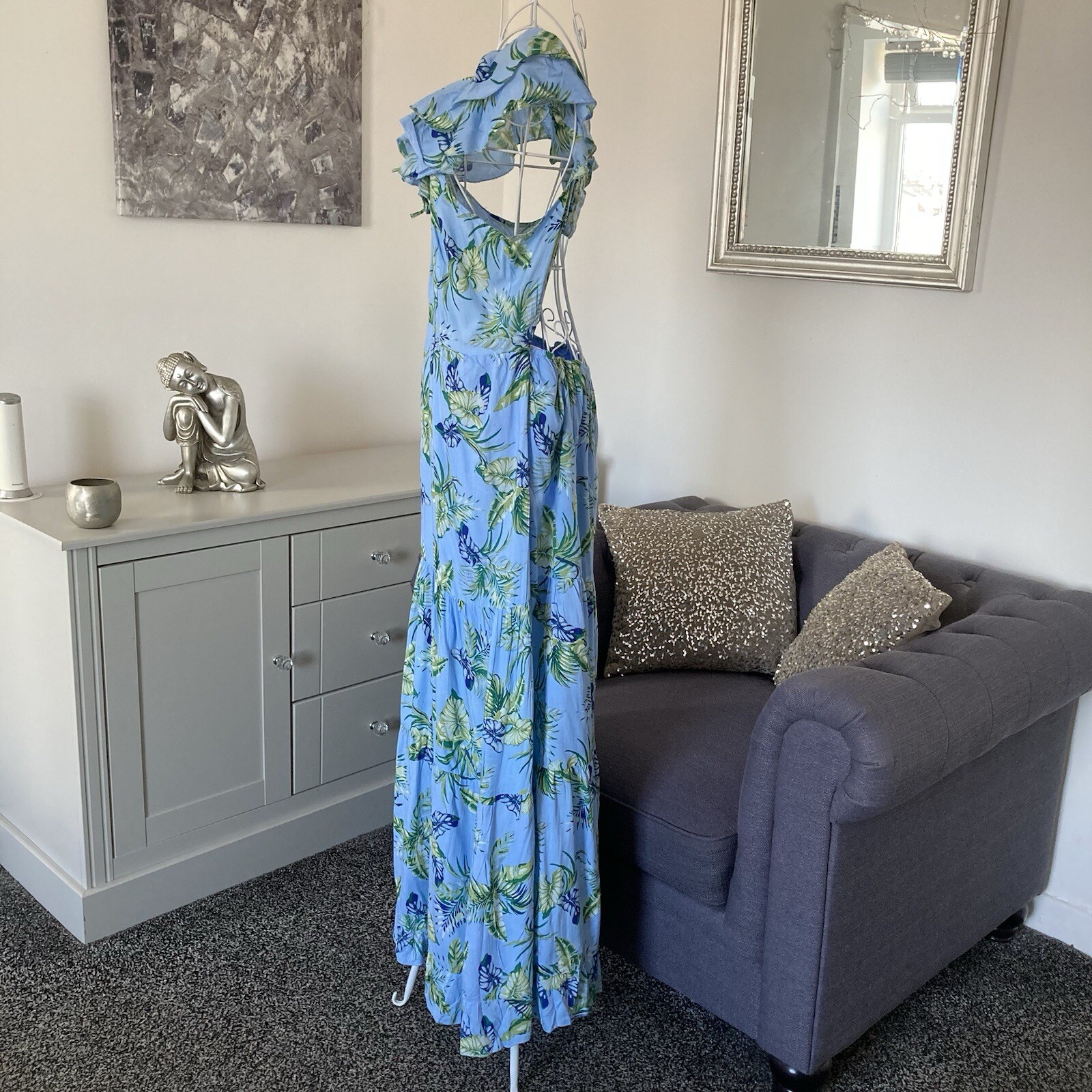 Blue Leaf Print Ruffle Scoop Neck Sleeveless Open Back Tiered Maxi Dress L 10-12