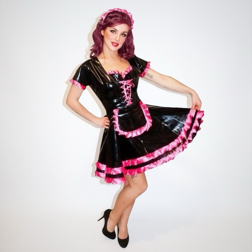 Misfitz black PVC & hot pink satin lace up Sissy Maids dress. SIZE 20. TV CD