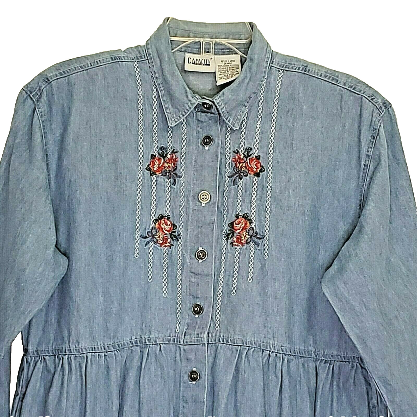 Dress Chambray Denim Embroidered Blue Drop Waist Modest Capacity Petites Large