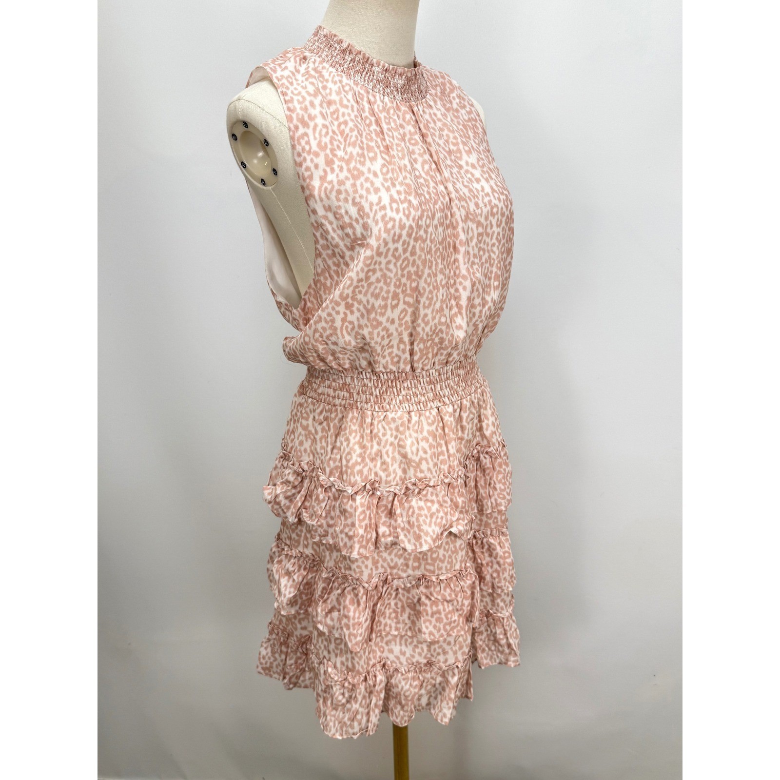 Rachel Parcell Pink Leopard Print Smocked High Neck Tiered Ruffle Mini Dress L