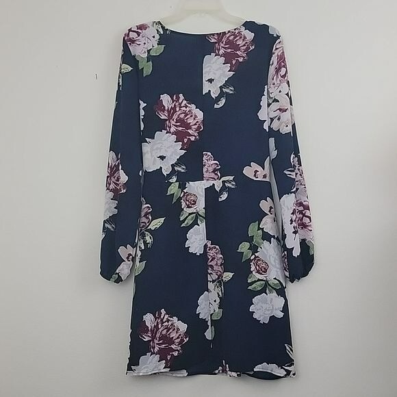 Eyeshadow Navy Burgundy & White Floral Long Sleeve Wrap Dress XL