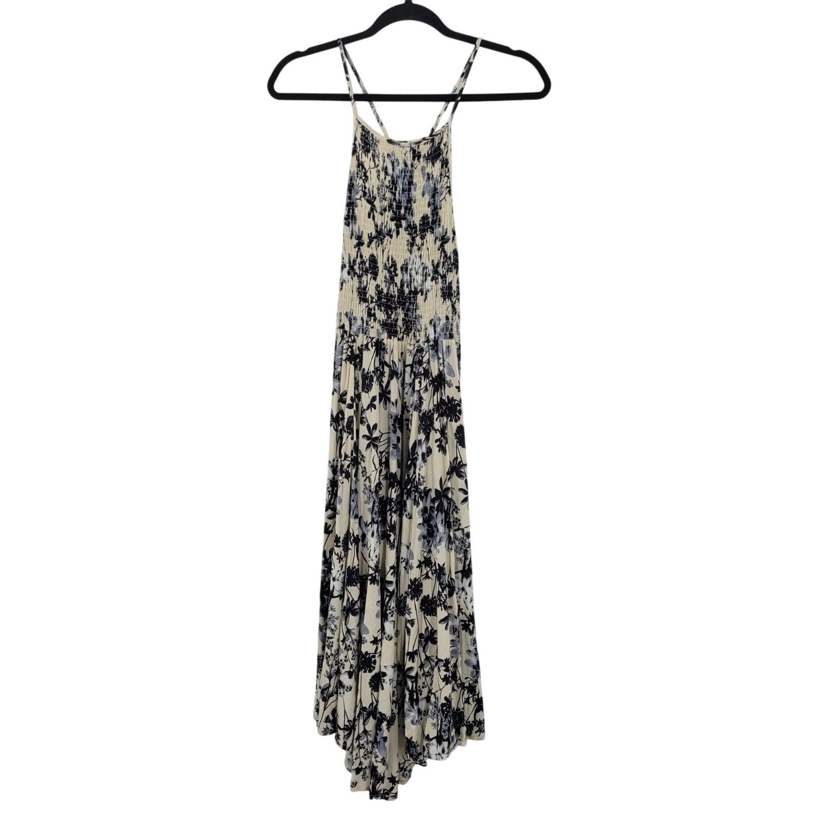 Lira Floral Cami Smocked Racerback Midi Dress Sz S Navy White Strappy Beach Boho