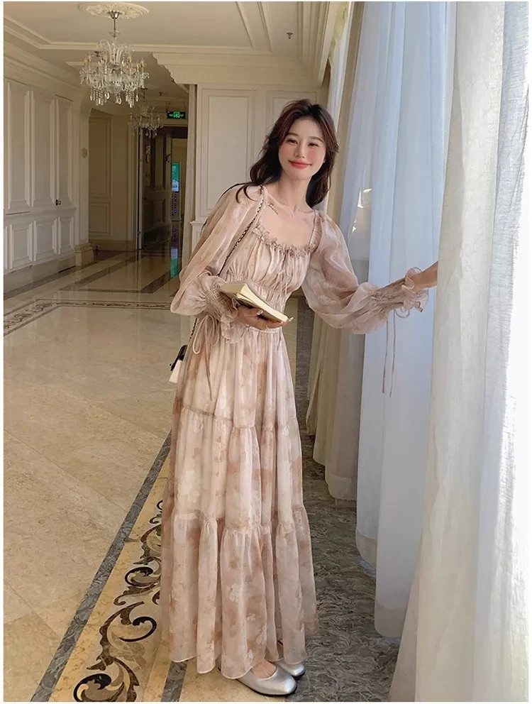 Womens Floral Chiffon Maxi Dress Square Neck Long Puff Sleeve Smocked Boho Fairy