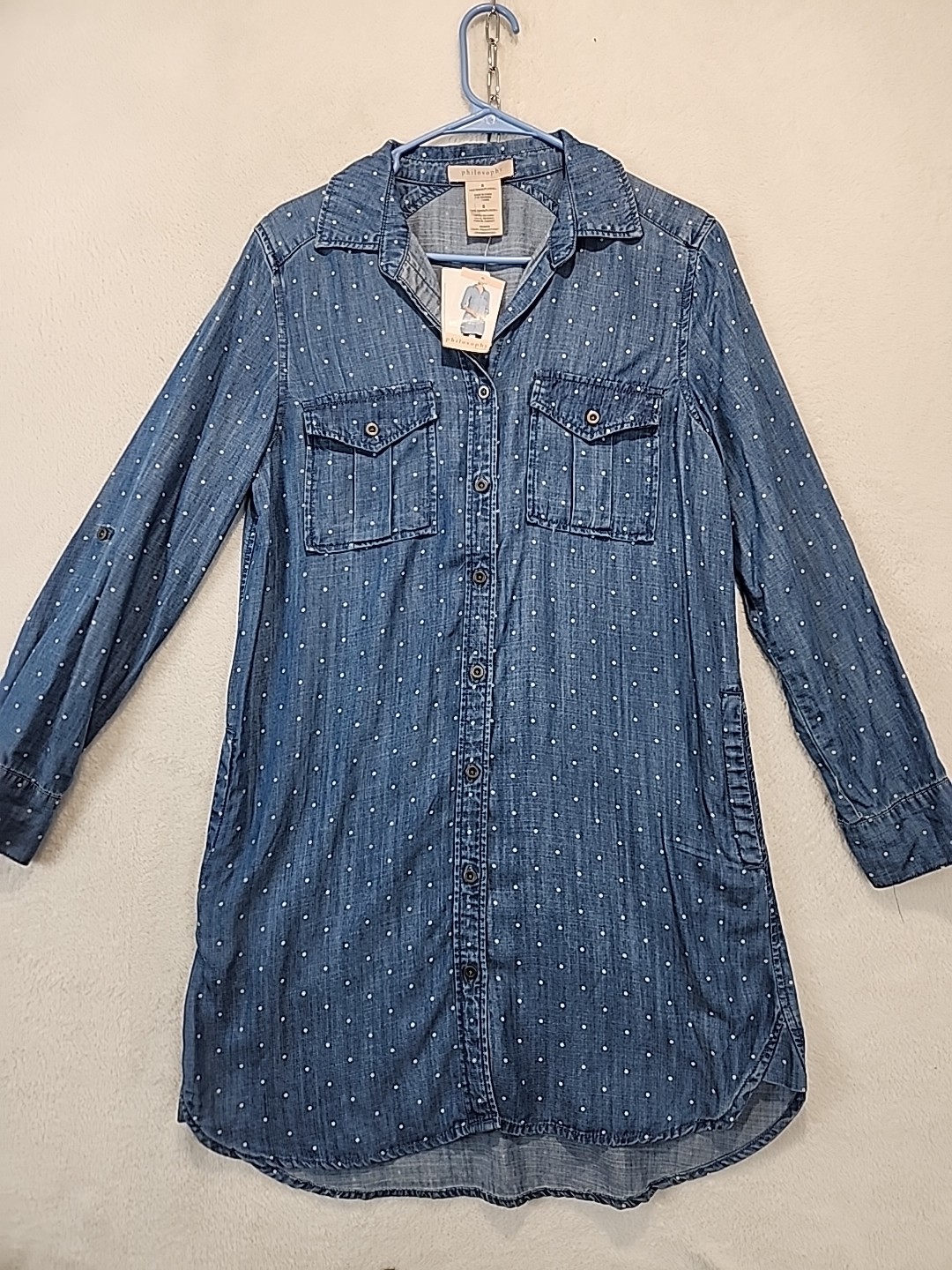 PHILOSOPHY Women’s S Oversized 100% Tencel Blue Polka Dot Chambray Tunic Dress