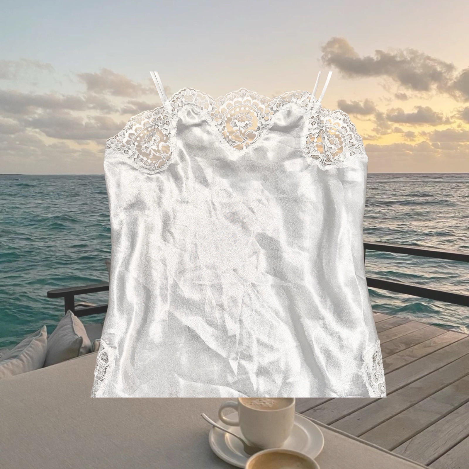 Vintage Y2K 90s Summer Party Cottage Silky White Satin Lace Ruffle Slip Dress