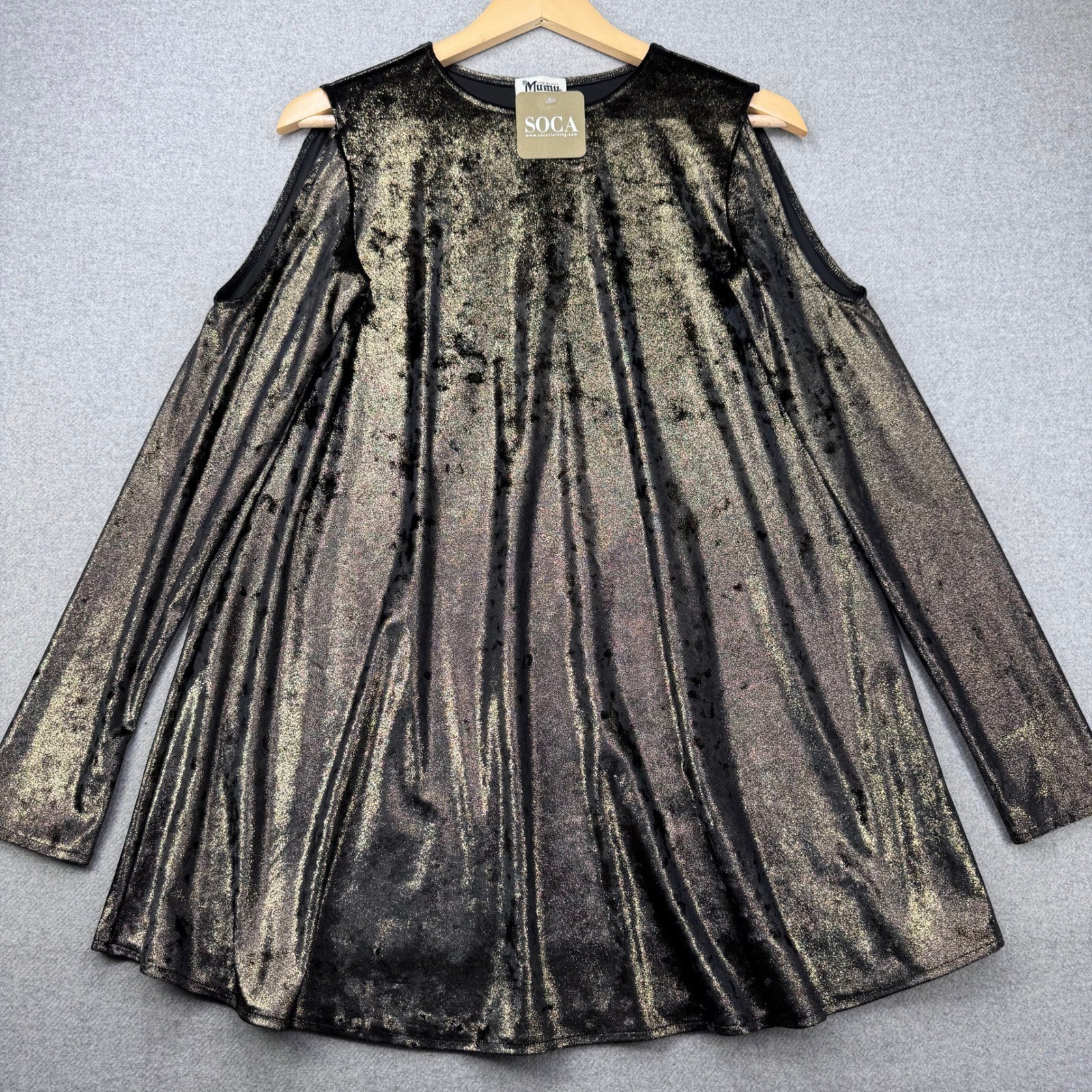 Show Me Your Mumu Gold Metallic Black Cold Shoulder Teddy Tunic XS Party Shiny