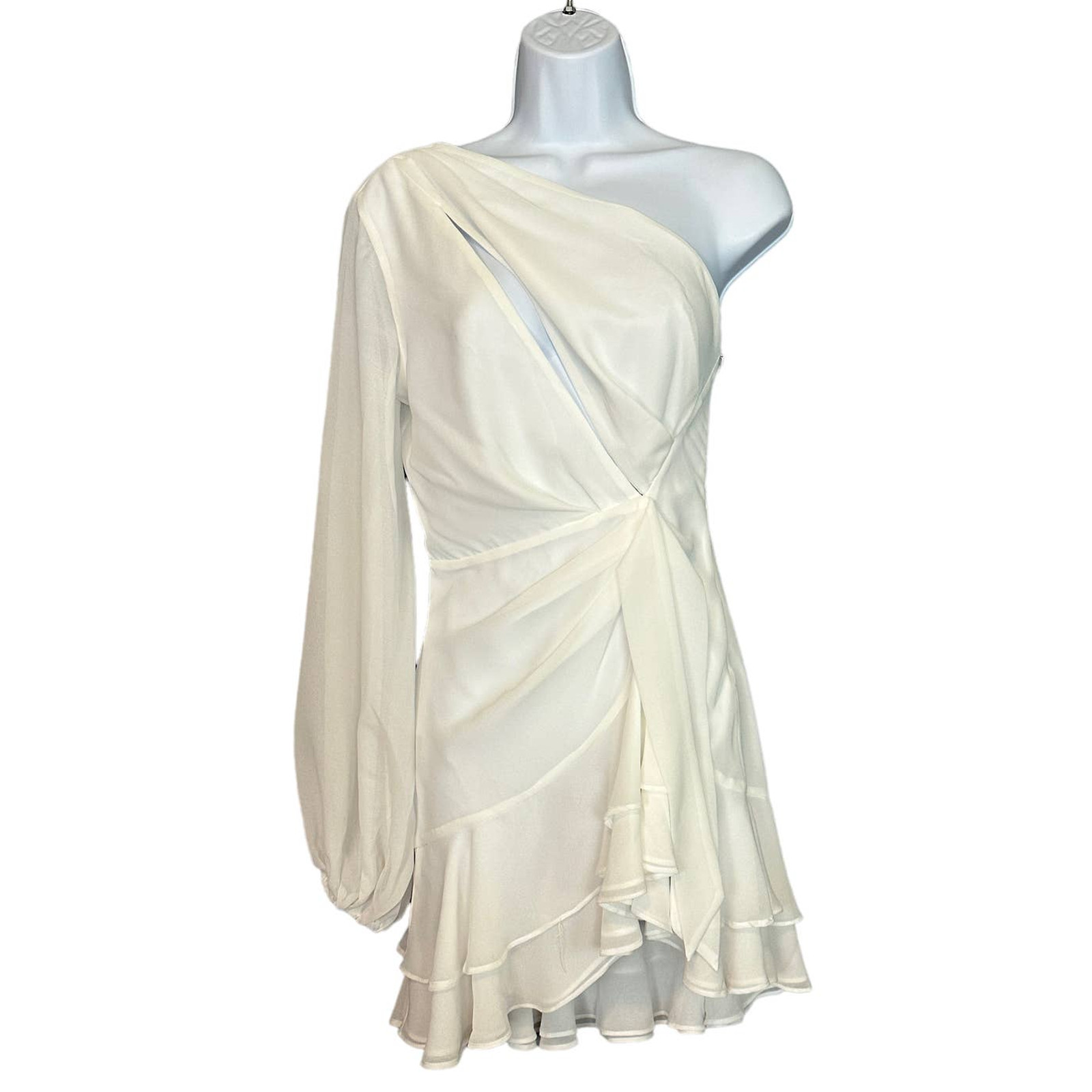 Michael Costello White One Shoulder Mini Dress XS Chiffon Ruched Ruffle $248 NEW