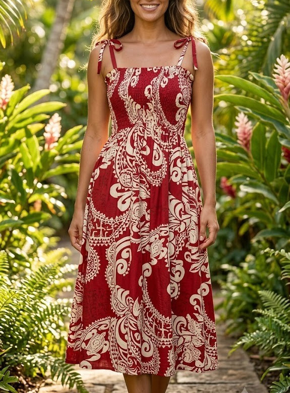 Fashion E&K Red Polynesian Tribal Paisley Smocked Midi Sun Dress One Size OS