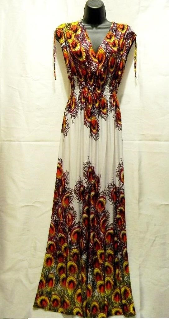 Bohemian Summer Maxi Dress Sundress Sun Evening Long Boho Peacock Feather NEW