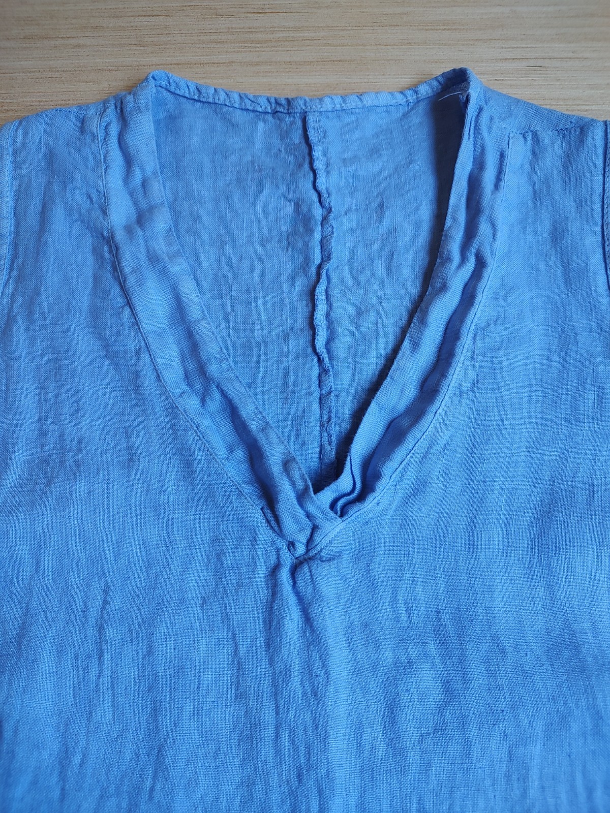 Francesca Bettini Midi Periwinkle Blue 100% Linen Dress Ruffle Hem V Neck Size M