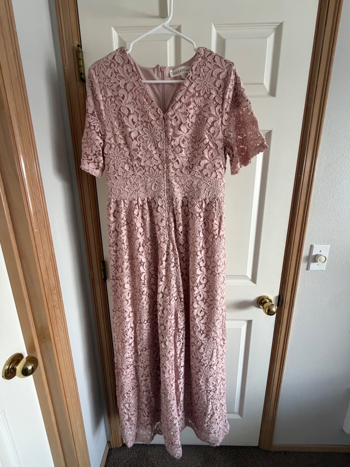 brass and roe blush lace dress, Size L, zipper back, button front