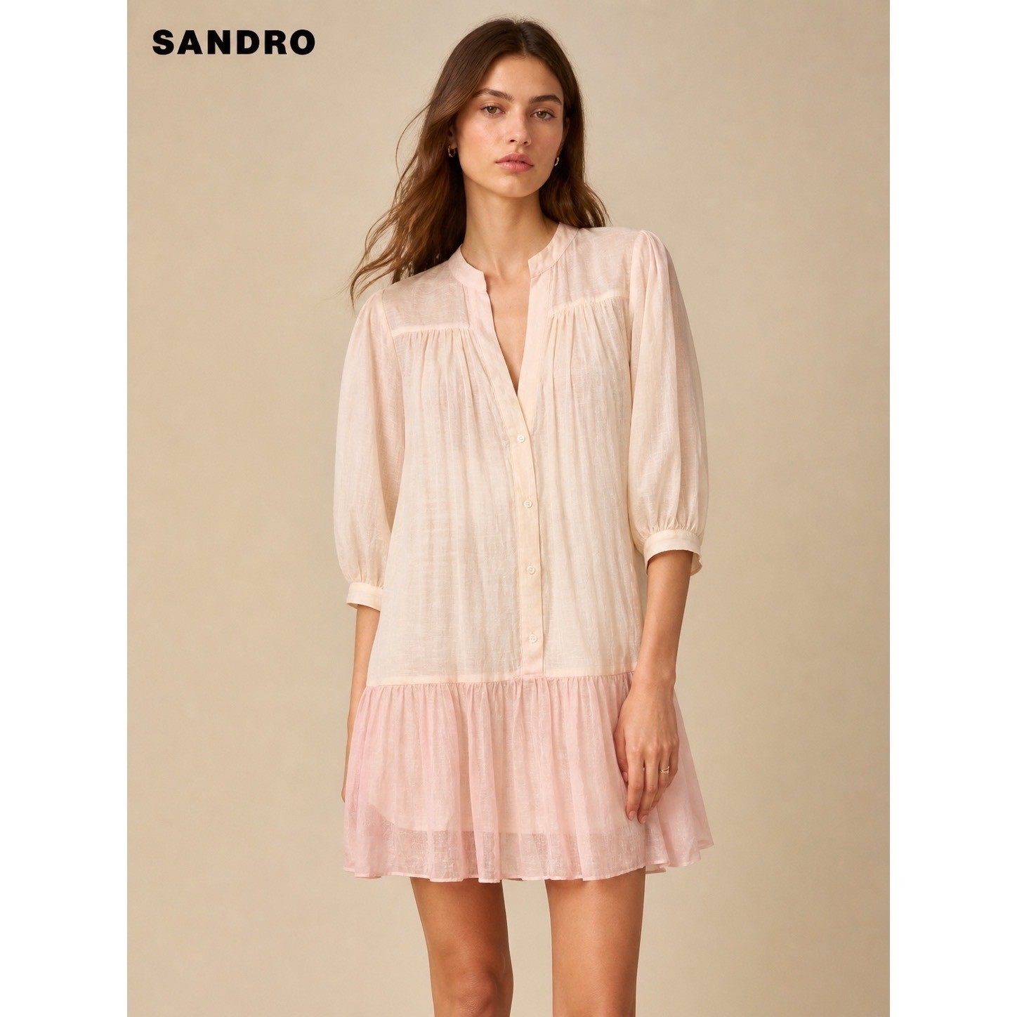 Sandro Pink Dip Dye Ombre Babydoll Mini Dress Ruffle Hem 3/4 Sleeve V-Neck