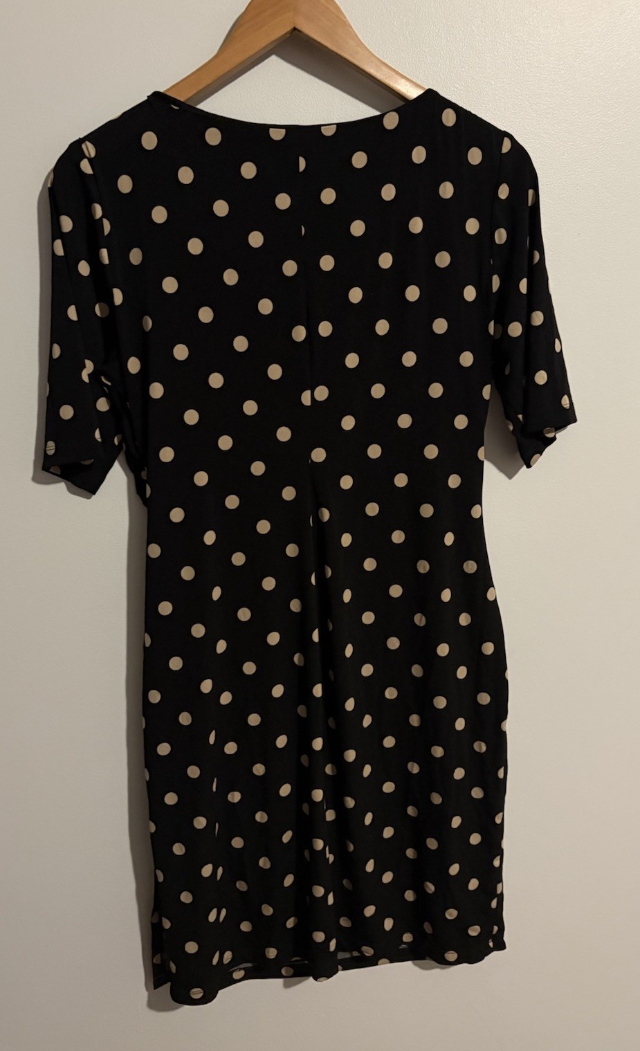 Connected Apparel, size 8 Petite, Black/Beige PolkaDot Ruched Sheath Dress