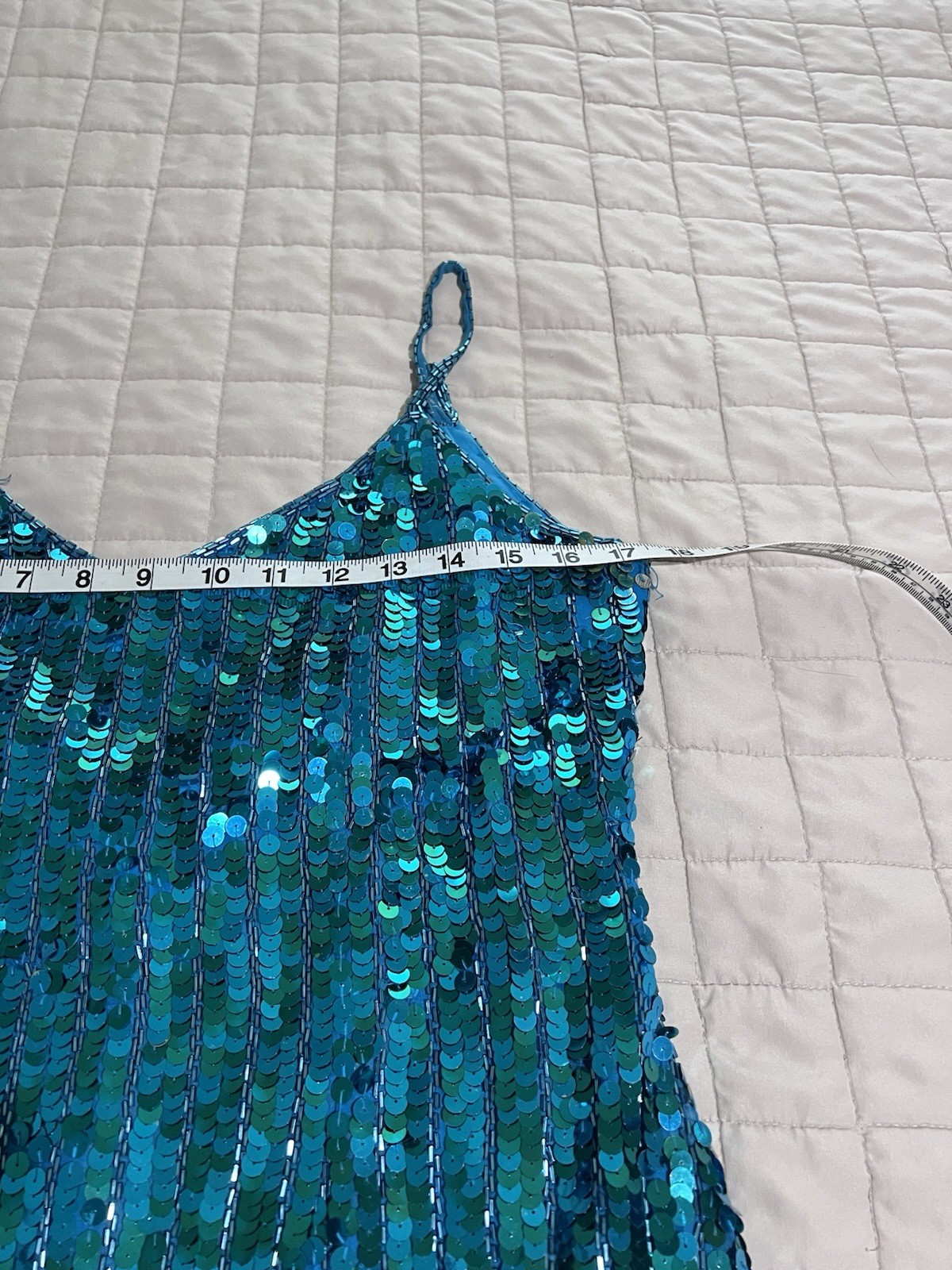 Vtg Silk Hand Beaded Sequin Fringe Cocktail Dress Teal Peacock Blue Y2K M