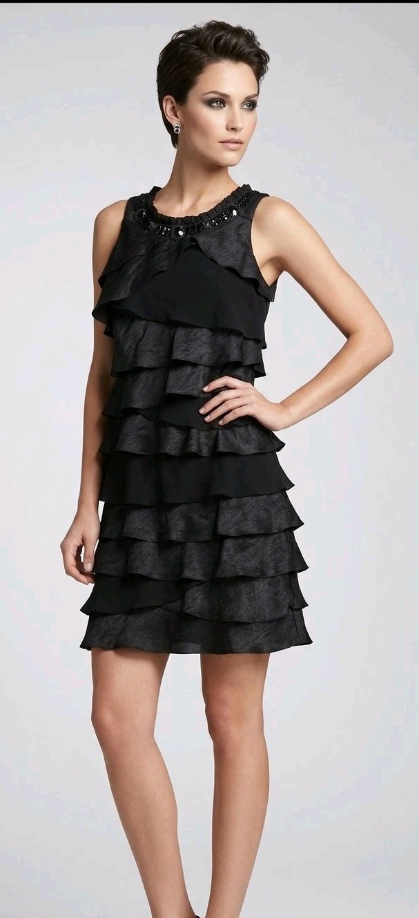 Vintage S.L. Fashions Dress Black Beaded Layered Ruffle Evening Cruise Size 6P