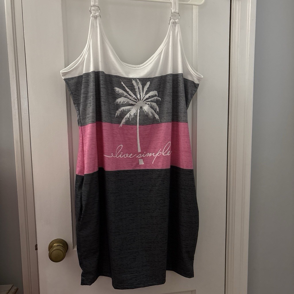 Women’s 2XL Tank Dress Sleeveless Scoop Neck Striped Palm Tree Gray Pink