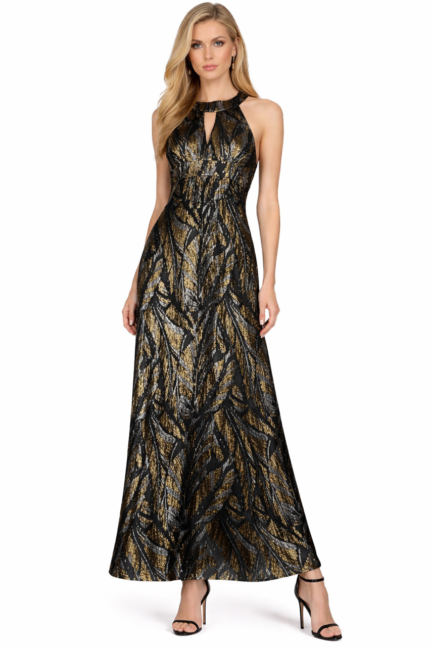 TRINA TURK Black Gold Silver Metallic Lame Silk Keyhole Halter Maxi Dress 8 = M