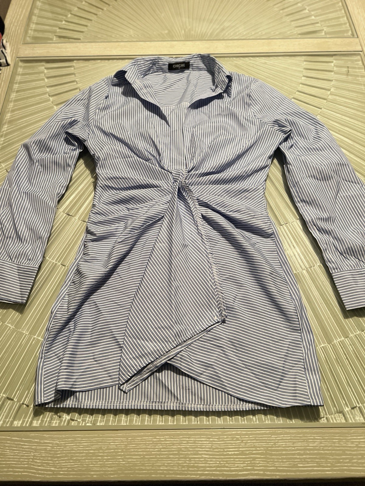CHICME Blue/White Striped Shirt Dress Long Sleeve Collared Button Knee M
