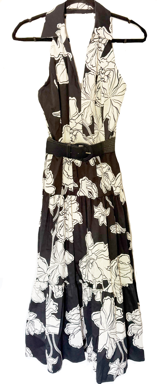 NWT Donna Karan NY Collared Halter A-Line Slvless Dress, 12, Black/Cream, $199
