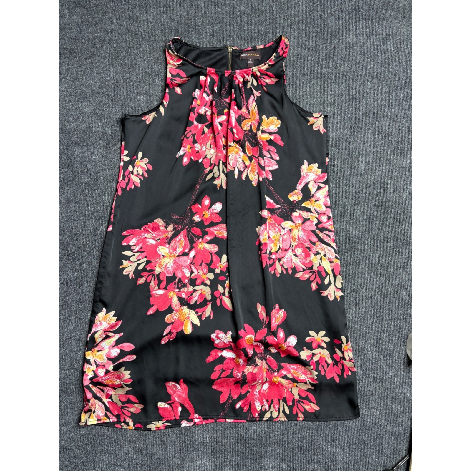 Dana Buchman Womens XL Black Pink Floral Satin Sleeveless Shift Dress Lined 0996