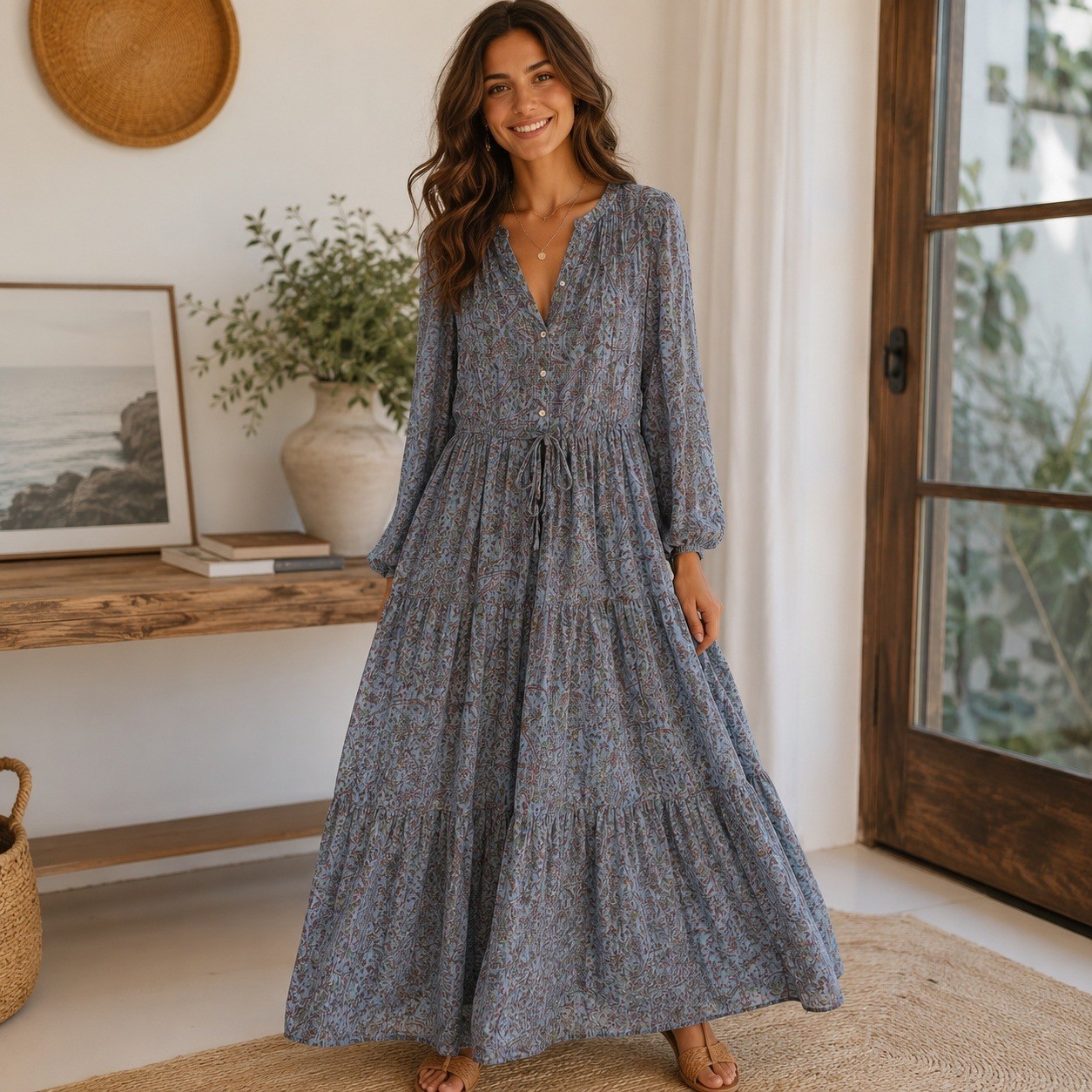 Lucky Brand Blue Paisley Metallic Tiered Maxi Dress XL Boho Long Sleeve Lurex