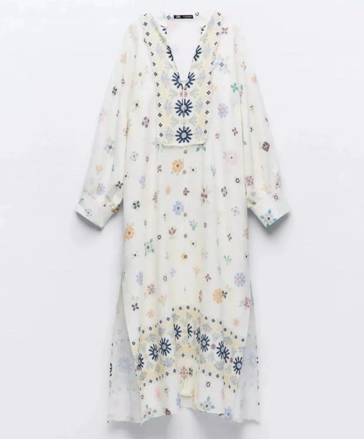 ZARA 2023. ECRU LINEN FLORAL PRINT TUNIC DRESS KAFTAN. 8038/456 SIZE M
