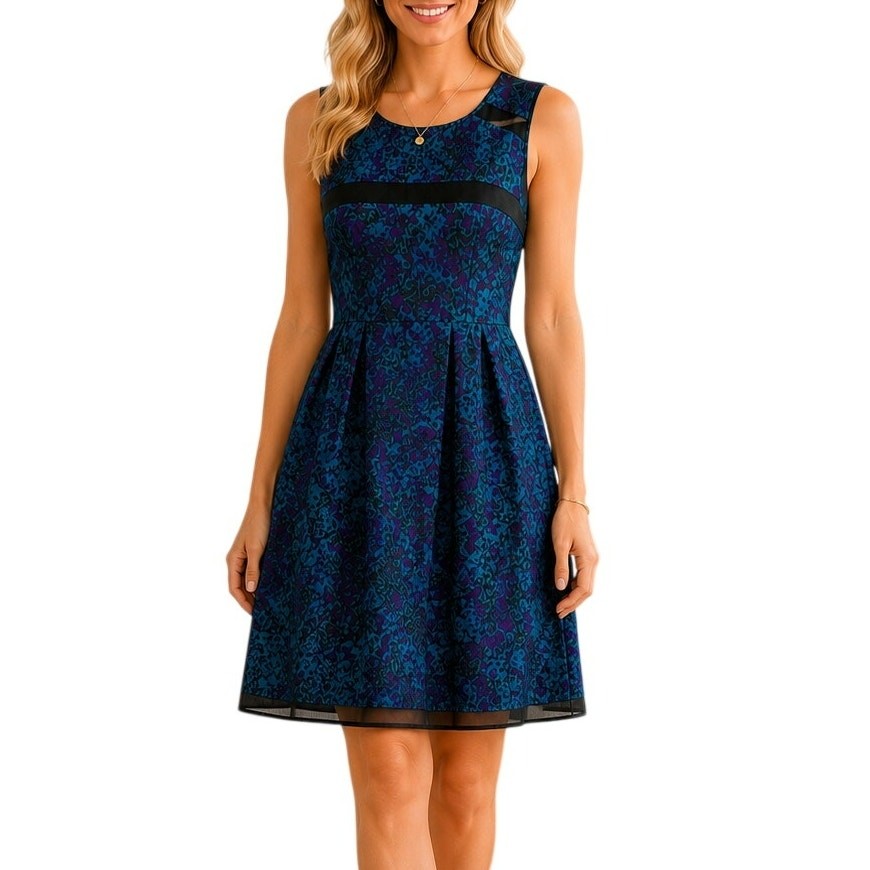 Ivy&Blu Dress Blue Green Sleeveless Round Neck Fit Flare Womens 6 Midi Office