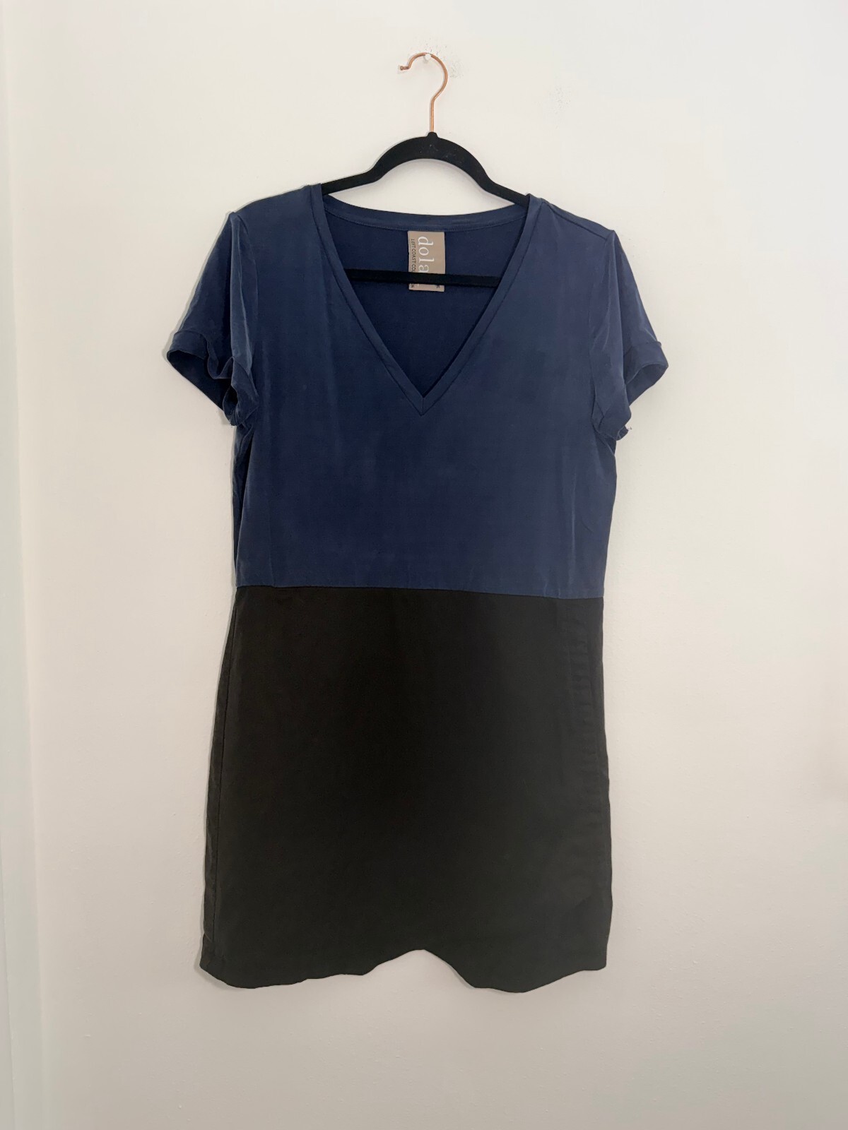 Dolan Left Coast Collection Color Block V-Neck Dress Cupro Tencel Blue Black