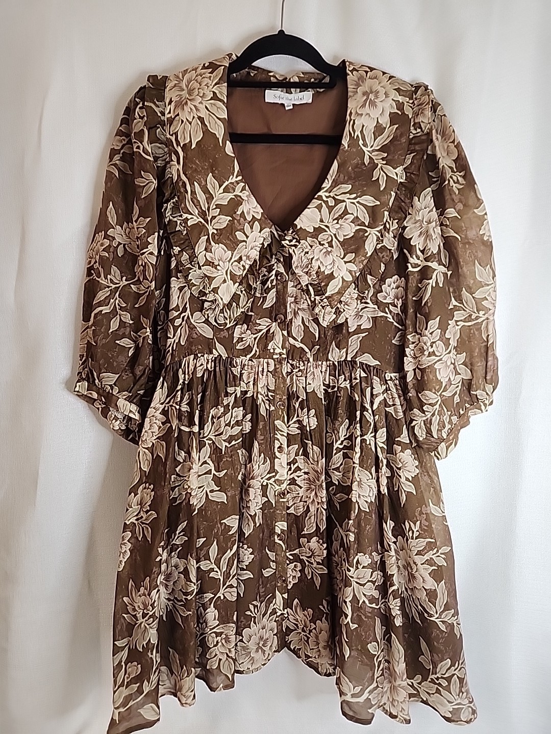 Sofie the Label Brown Cream Floral Dress Ruffle Collar Balloon Sleeves LG
